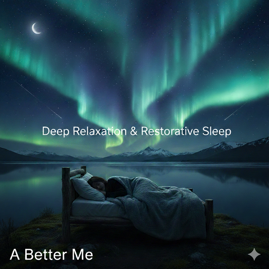 Person sleeping soundly in a bed outdoors under vibrant green northern lights and a crescent moon, featuring "A Better Me" branding for sleep hypnosis
